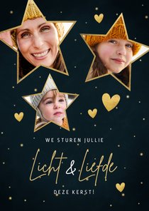 Kerstkaart sterren, foto's, hartjes en tekst liefde & licht