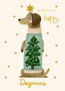 Kerstkaart teckel happy dogmas trui kerstboom en sterren