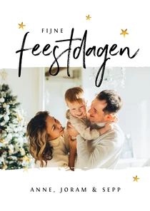 Kerstkaart tekst 'fijne feestdagen' foto sterren goud