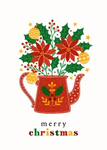 Kerstkaart theepot kerstbloemen