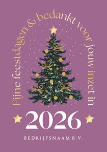 Kerstkaart trendy goud kerstboom sneeuw sterren strik