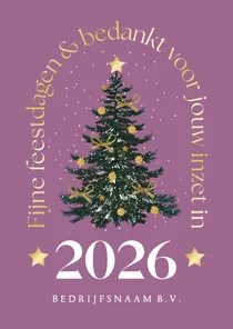 Kerstkaart trendy goud kerstboom sneeuw sterren strik