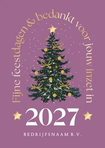 Kerstkaart trendy goud kerstboom sneeuw sterren strik