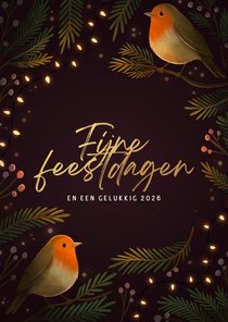 Kerstkaart twee roodborstjes met kerstlampjes