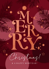 Kerstkaart typografisch 'Merry Christmas' koper kerstballen