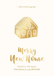 Kerstkaart verhuizing met gouden koekhuisje adreswijziging