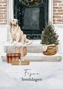 Kerstkaart voordeur blonde labrador cadeautjes