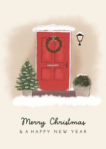 Kerstkaart voordeur met kerstboom en kerstkrans