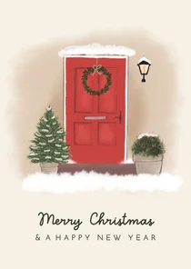 Kerstkaart voordeur met kerstboom en kerstkrans