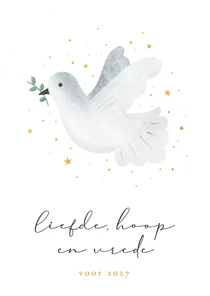 Kerstkaart vrede & hoop - met witte vredesduif met takje