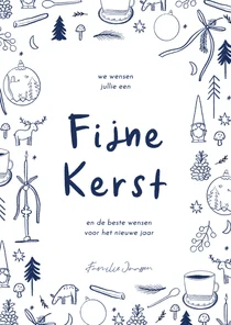 Kerstkaart vrolijke blauwe tekeningen fijne kerst