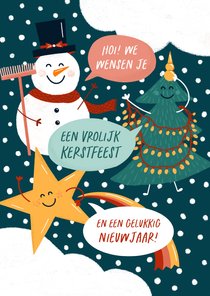 Kerstkaart vrolijke figuren 