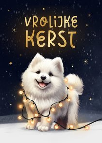 Kerstkaart vrolijke kerst hond Samojeed puppy winter lampjes