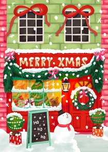 Kerstkaart vrolijke kerst winkel merry Xmas met sneeuwpop