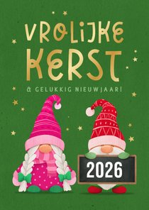 Kerstkaart vrolijke kerstkabouters gnome sterren goud 2026