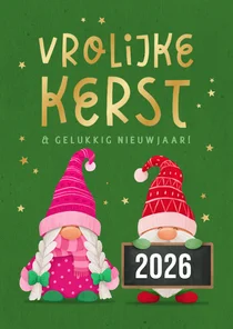 Kerstkaart vrolijke kerstkabouters gnome sterren goud 2026