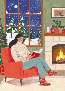 Kerstkaart vrouw leest boek in woonkamer
