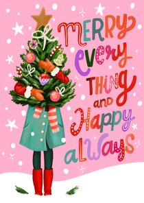 Kerstkaart vrouw met kerstboom merry everything happy always