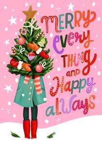 Kerstkaart vrouw met kerstboom merry everything happy always