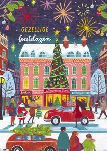 Kerstkaart vuurwerk in de stad met sneeuw