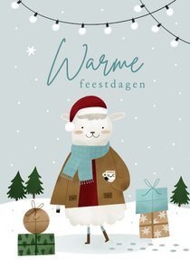 Kerstkaart warme feestdagen schaap sneeuw illustratie