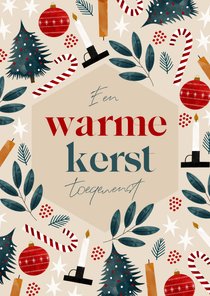 Kerstkaart warme kerst met illustraties kerstboom kerstbal