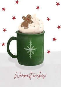 Kerstkaart warmest wishes met warme chocomelk en sterren