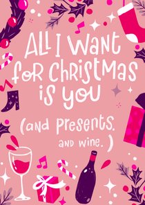 Kerstkaart wijn en cadeaus