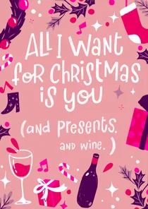 Kerstkaart wijn en cadeaus
