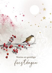 Kerstkaart winter bessentak vogeltje