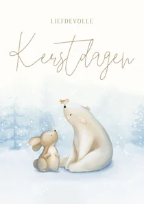 Kerstkaart winter met een konijn ijsbeer en vogeltje