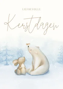 Kerstkaart winter met een konijn ijsbeer en vogeltje