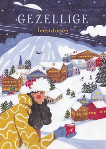 Kerstkaart wintersport vrouw in berg landschap