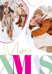 Kerstkaart XMAS in funky kleurtjes met twee foto's