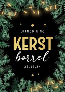 Kerstkaart zakelijk kerstborrel kerstlampjes kersttakje goud