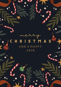 Kerstkaart zuurstokjes en takken vierkant.