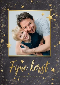 Kerstkaart zwart met gouden sterren en eigen foto