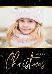 Kerstkaart zwart sterren met gouden accent en foto