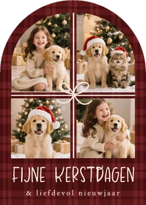 Kerstkaartje boogvorm ruitjes klassiek fotocollage strik