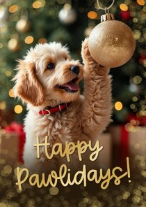 Kerstkaartje happy pawlidays hondje kerstbal pootje