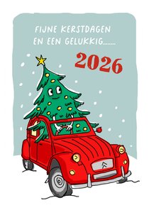 Kerstkaartje met 2CV met kerstboom achter het stuur