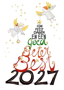 Kerstkaartje met engeltjes en goed beter best nieuwjaar
