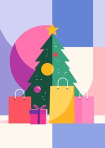 Kerstkaartje modern kerstboom met tasjes en cadeaus bonprix