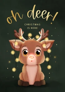 Kerstkaartje oh deer christmas is here rendier lampjes
