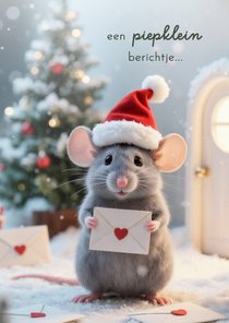 Kerstkaartje piepklein berichtje schattig muisje kerstmuts
