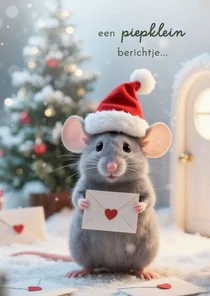 Kerstkaartje piepklein berichtje schattig muisje kerstmuts