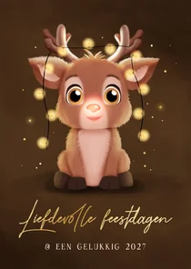 Kerstkaartje schattig rendier lichtjes en gloeiend neusje
