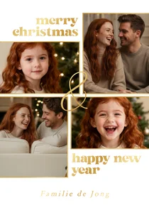 Kerstkaartje vier foto's gouden spetters merry christmas