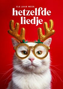 Kerstkaartjes met humor boze kat met gewei hetzelfde liedje