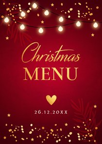 Kerstmenukaart rood lampjes goudlook rechthoekig